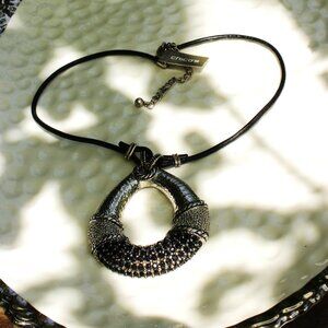 Chico’s Silver Tone Choker Style Necklace with Leather Cord